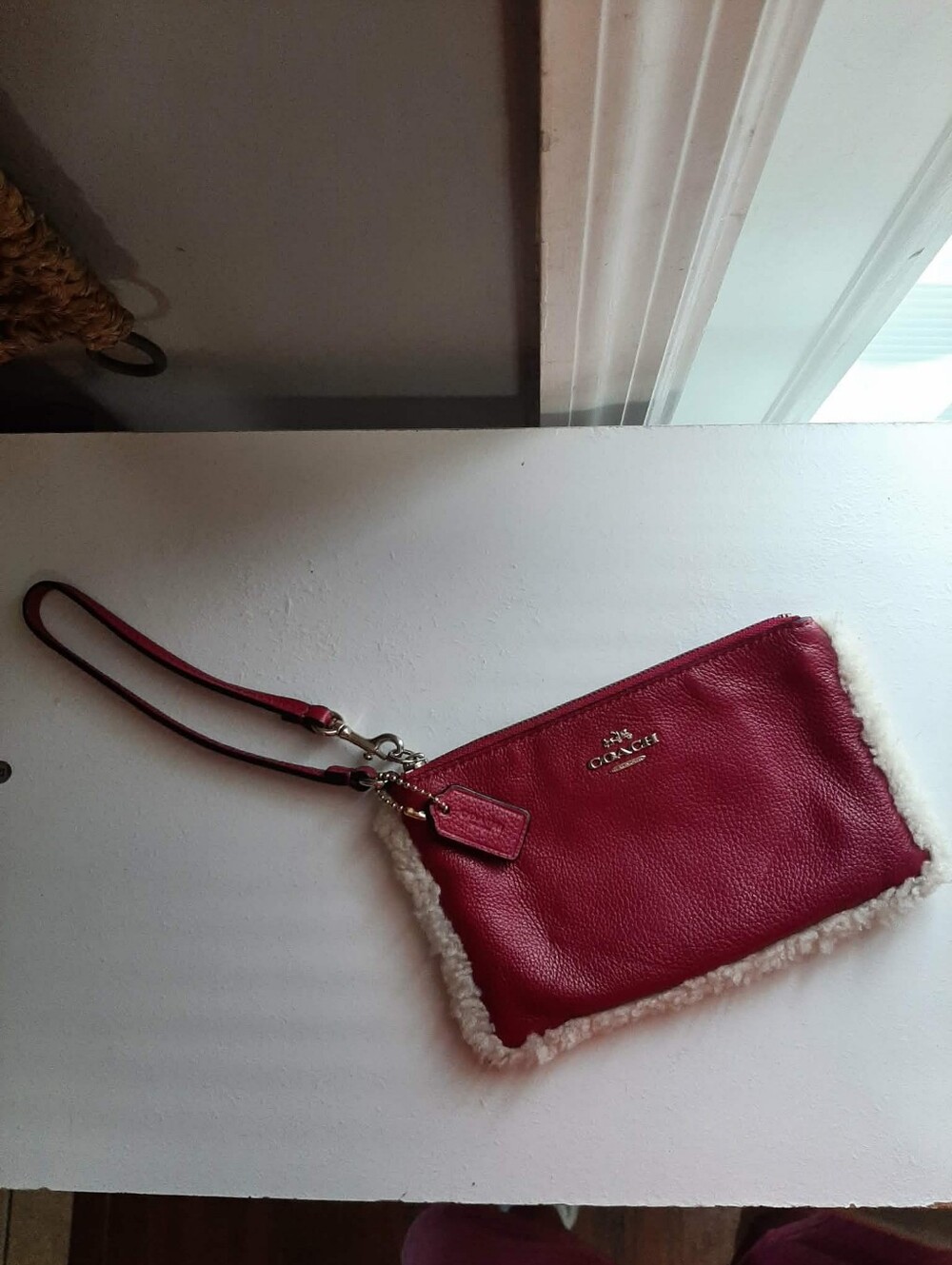 COACH "Poppy🌸Pink" Pebbled Leather & Shearling Wristlet